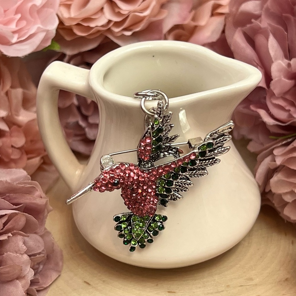 Beautiful Pink & Green Crystal Hummingbird Keychain Charm